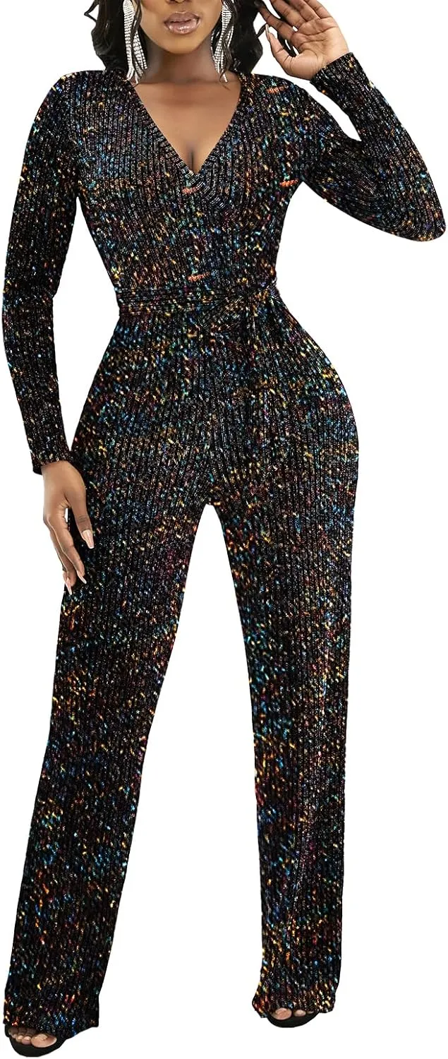 LightlyKiss Women's casual sexy V-neck sparkling jumpsuit long sleeve loose jumpsuits Fashion Club party Rompers with belt