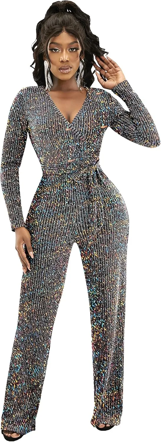 LightlyKiss Women's casual sexy V-neck sparkling jumpsuit long sleeve loose jumpsuits Fashion Club party Rompers with belt