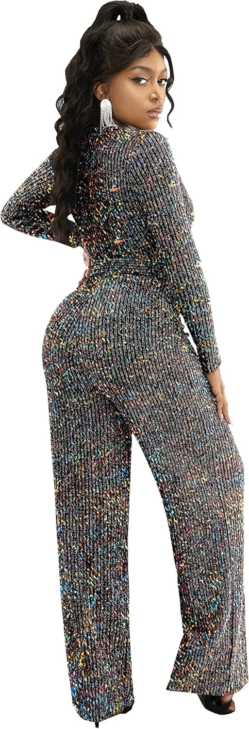 LightlyKiss Women's casual sexy V-neck sparkling jumpsuit long sleeve loose jumpsuits Fashion Club party Rompers with belt