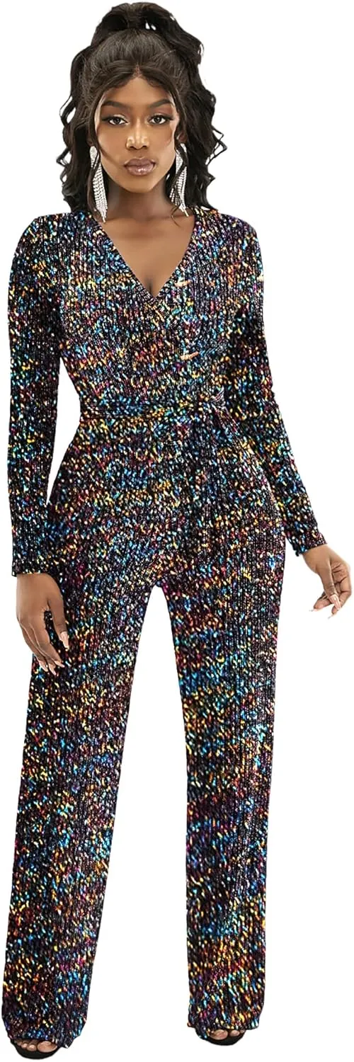 LightlyKiss Women's casual sexy V-neck sparkling jumpsuit long sleeve loose jumpsuits Fashion Club party Rompers with belt