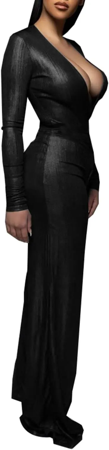 LightlyKiss Women's Sexy Deep V-Neck Long Sleeve Velvet Pants One piece Romper Jumpsuits