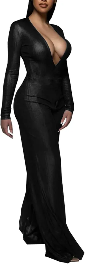 LightlyKiss Women's Sexy Deep V-Neck Long Sleeve Velvet Pants One piece Romper Jumpsuits