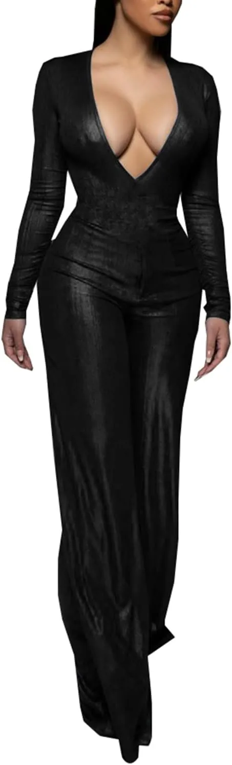 LightlyKiss Women's Sexy Deep V-Neck Long Sleeve Velvet Pants One piece Romper Jumpsuits