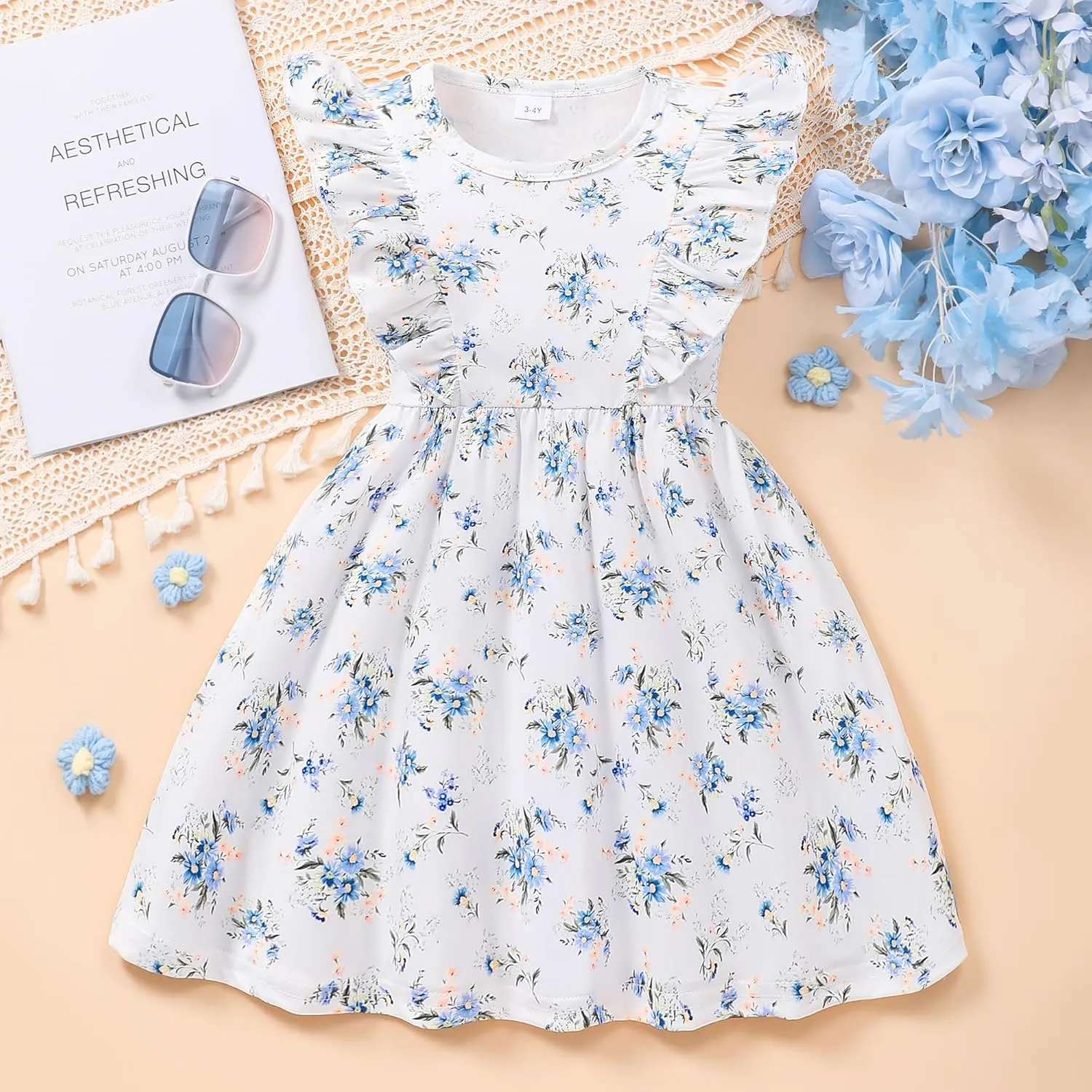 Little Girls A-line Dress Cute Leopard Mermaid Pattern Ruffle Sundress Toddler Girl Casual Dresses for Party 2-7Y