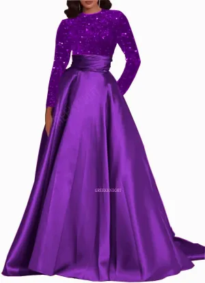 Long Sleeve Prom Dresses Sequin Satin Formal Gowns Round Neck Evening Dress A-Line Ball Gown with Pockets