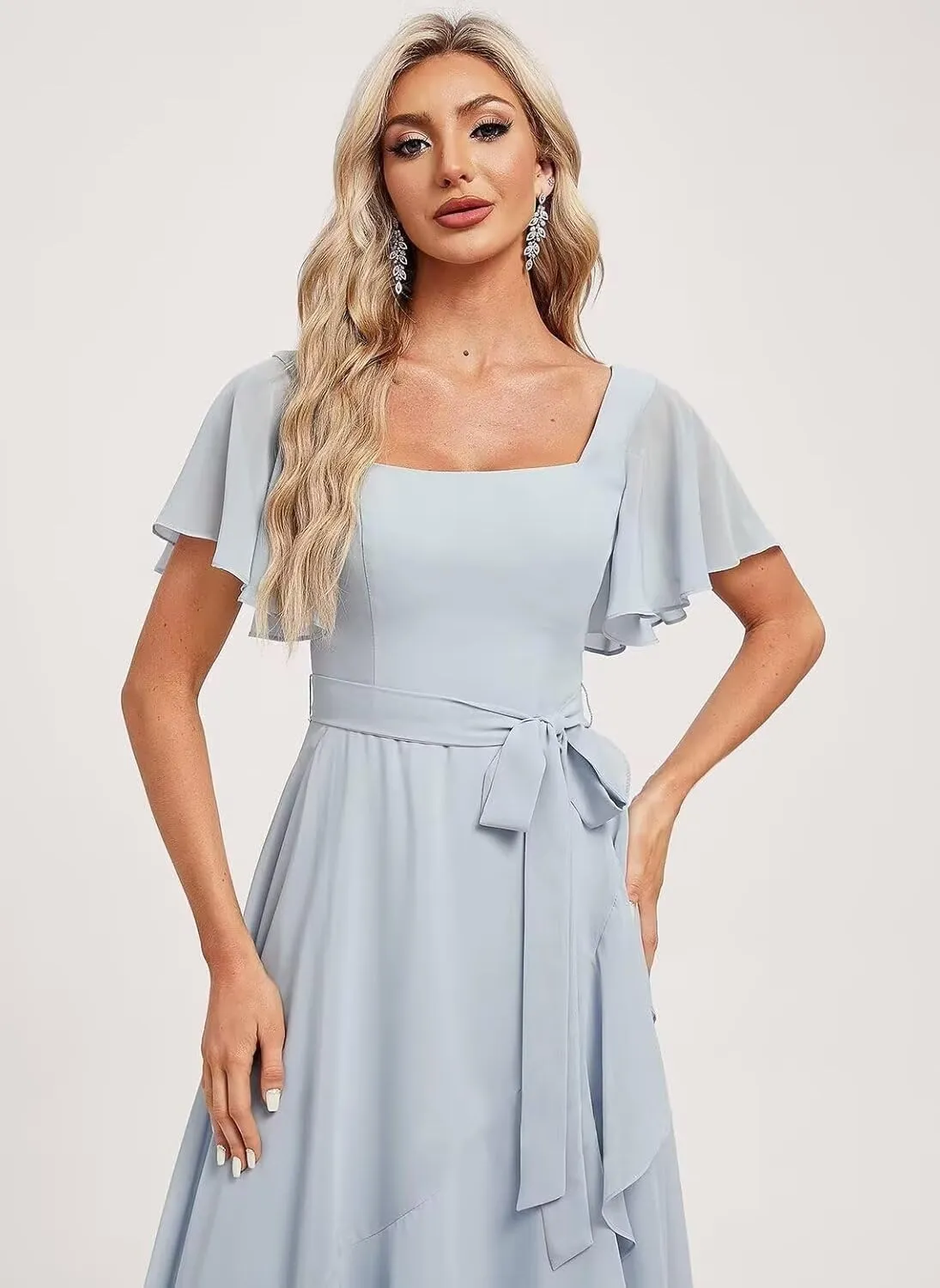 Loyeloy Women's Square Neck Ruffles Bridesmaid Dresses with Pockets 2025 Flutter Sleeves Aline Chiffon Formal Party Dress