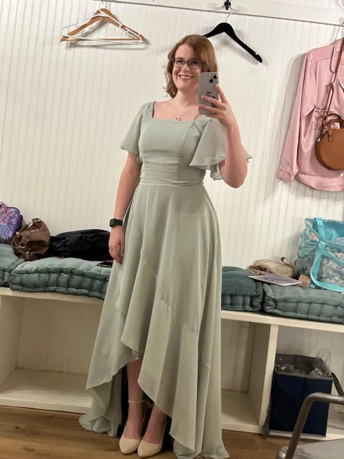 Loyeloy Women's Square Neck Ruffles Bridesmaid Dresses with Pockets 2025 Flutter Sleeves Aline Chiffon Formal Party Dress