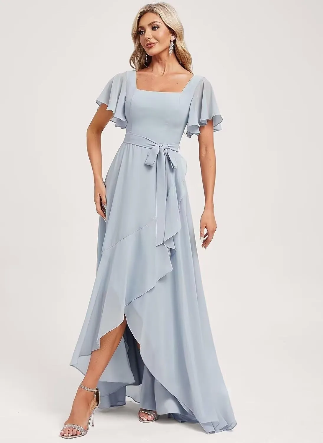 Loyeloy Women's Square Neck Ruffles Bridesmaid Dresses with Pockets 2025 Flutter Sleeves Aline Chiffon Formal Party Dress
