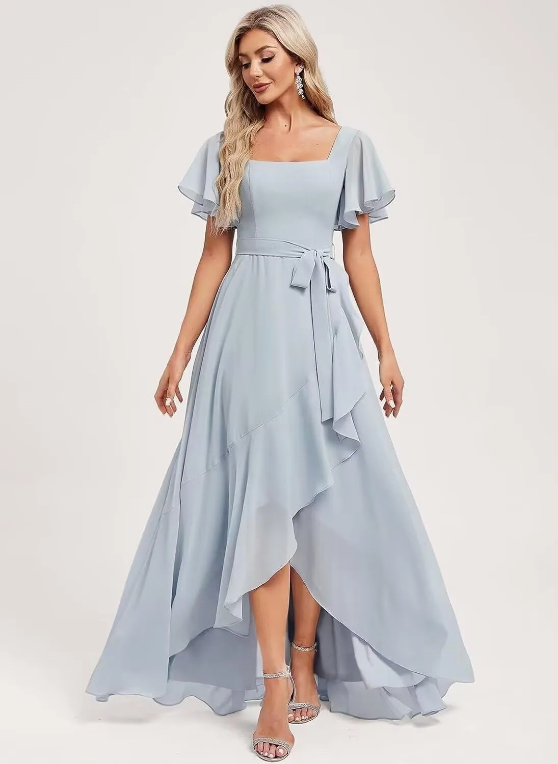 Loyeloy Women's Square Neck Ruffles Bridesmaid Dresses with Pockets 2025 Flutter Sleeves Aline Chiffon Formal Party Dress