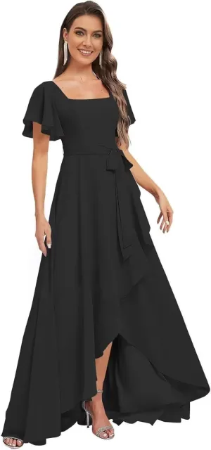 Loyeloy Women's Square Neck Ruffles Bridesmaid Dresses with Pockets 2025 Flutter Sleeves Aline Chiffon Formal Party Dress