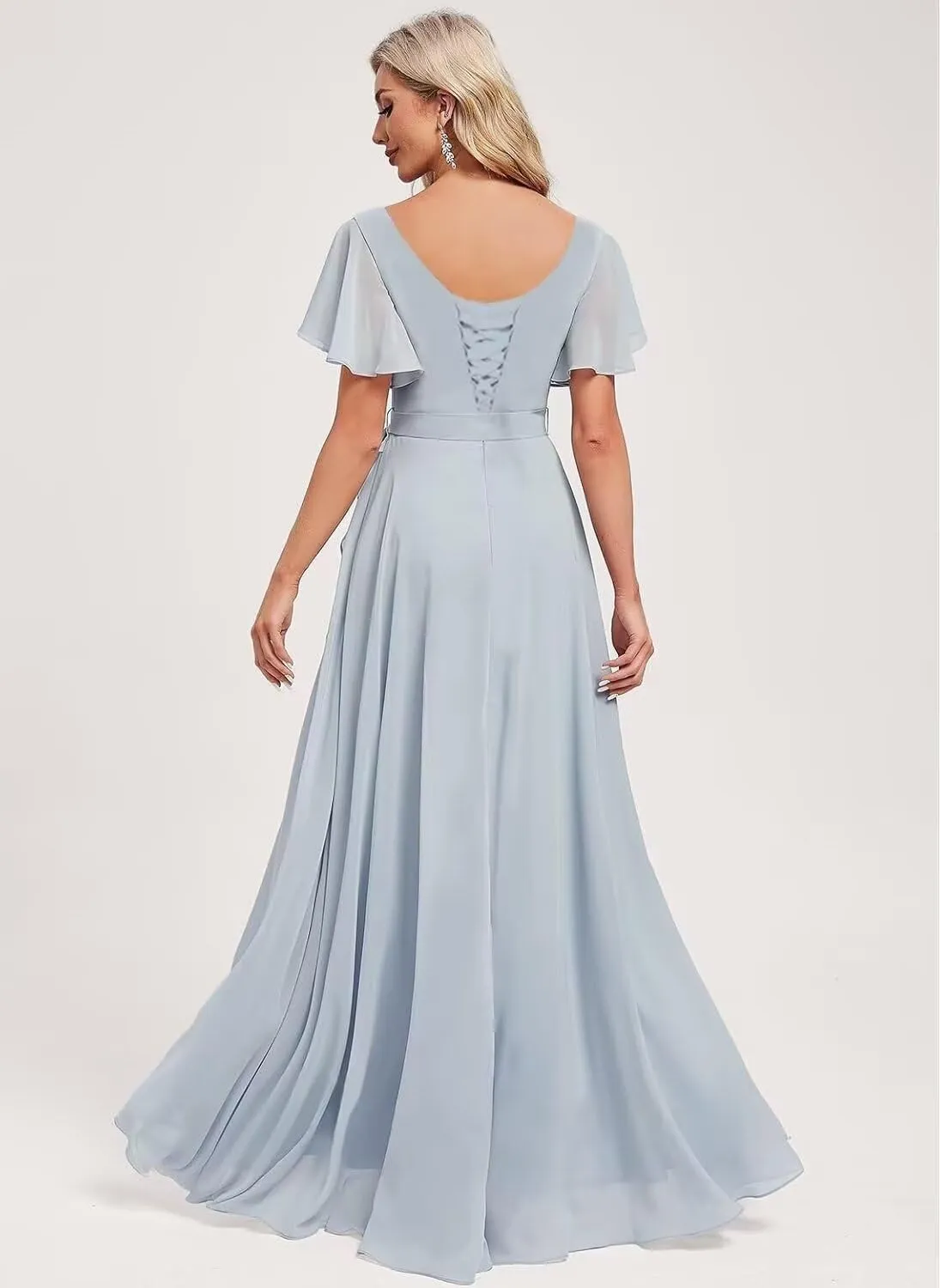 Loyeloy Women's Square Neck Ruffles Bridesmaid Dresses with Pockets 2025 Flutter Sleeves Aline Chiffon Formal Party Dress