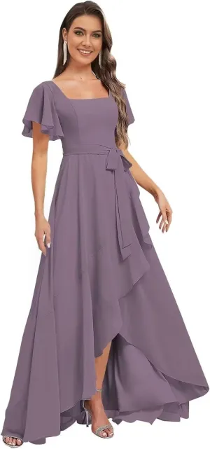 Loyeloy Women's Square Neck Ruffles Bridesmaid Dresses with Pockets 2025 Flutter Sleeves Aline Chiffon Formal Party Dress