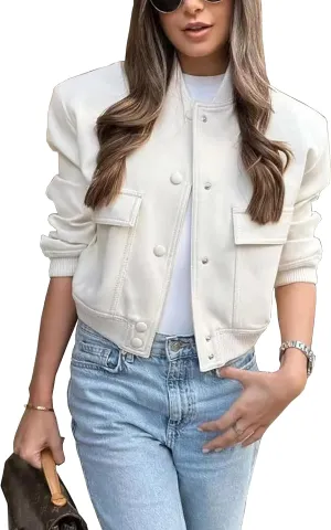 Lumister Women's Fashion Cropped Button Down Lightweight Cropped Bomber Jacket Varsity Shacket with Side Pockets