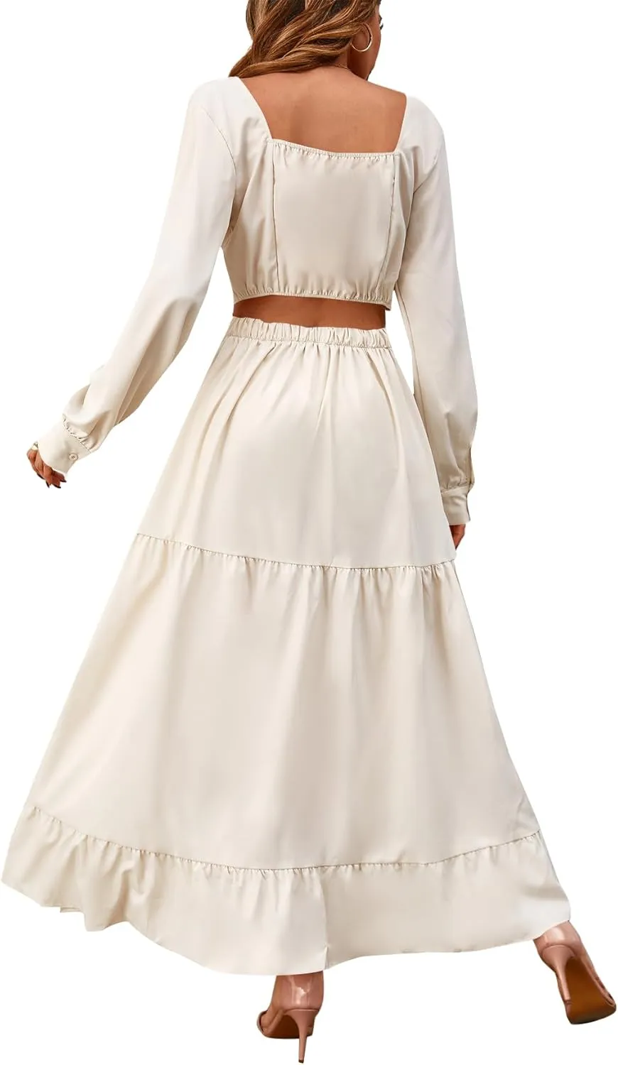 LYANER Women's Print Deep V Neck Puff Long Sleeve Cut Out Side Flowy Long Dress