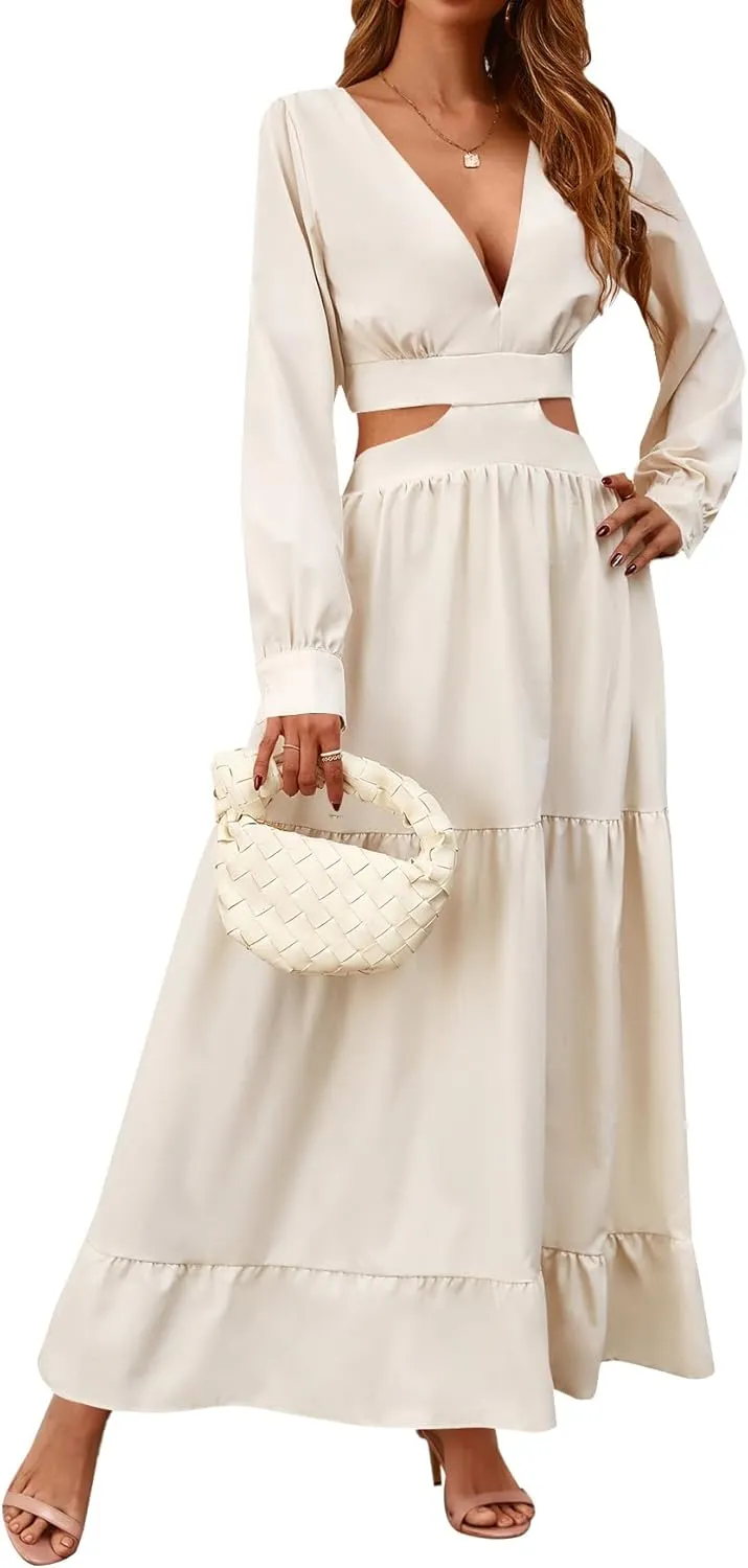 LYANER Women's Print Deep V Neck Puff Long Sleeve Cut Out Side Flowy Long Dress
