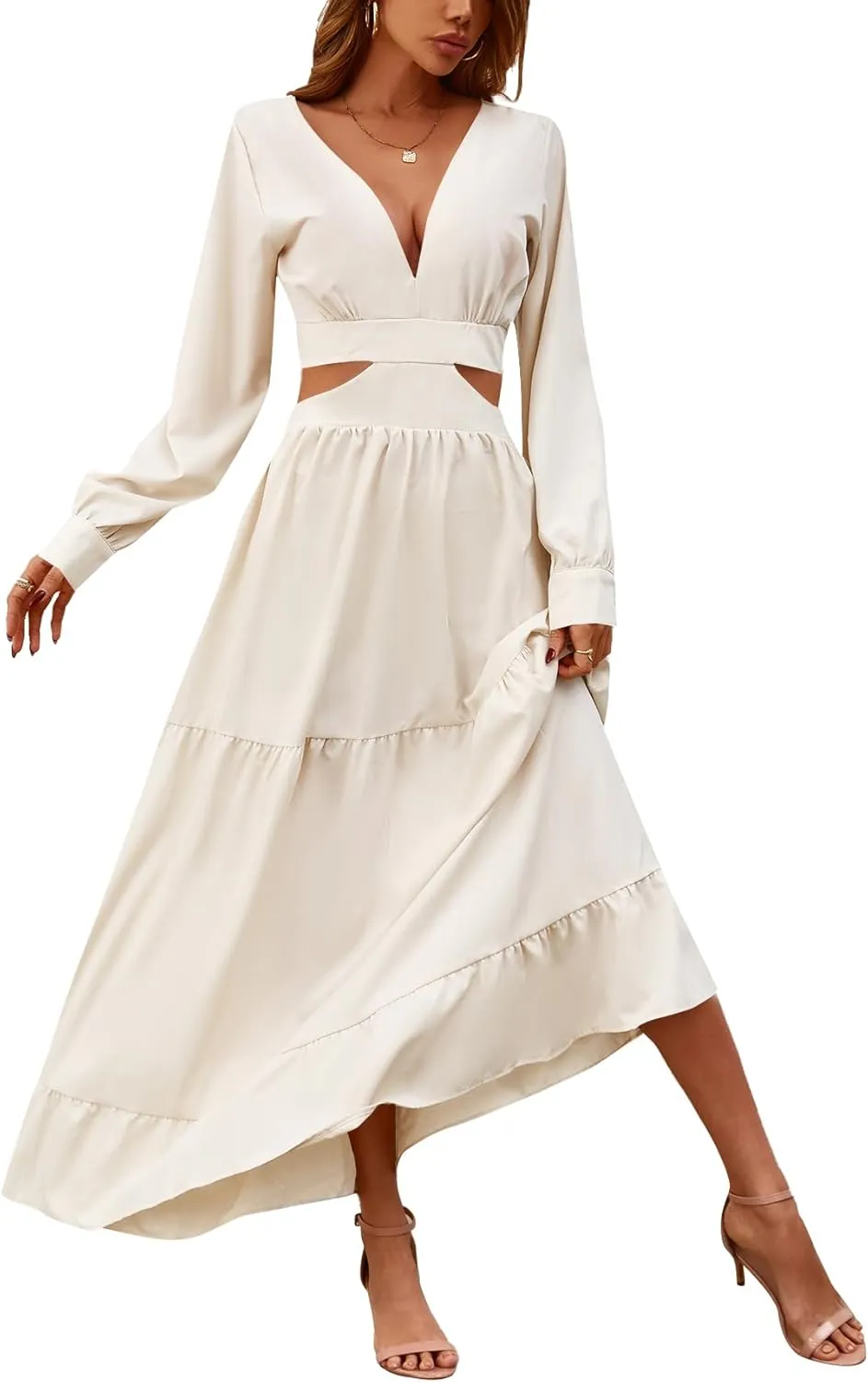 LYANER Women's Print Deep V Neck Puff Long Sleeve Cut Out Side Flowy Long Dress