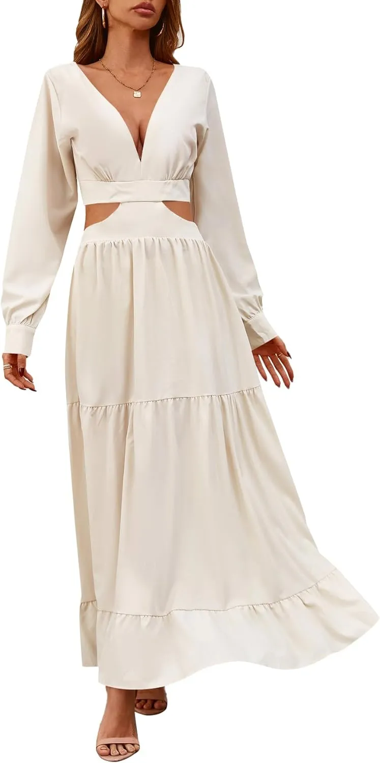 LYANER Women's Print Deep V Neck Puff Long Sleeve Cut Out Side Flowy Long Dress