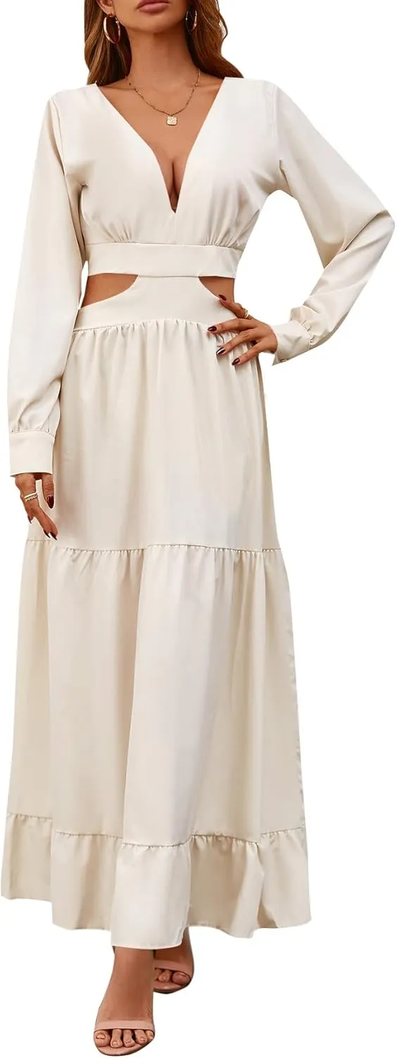 LYANER Women's Print Deep V Neck Puff Long Sleeve Cut Out Side Flowy Long Dress