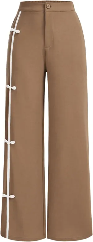 MakeMeChic Women's Casual Elastic Waist Wide Leg Button Straight Loose Pants Palazzo Trousers