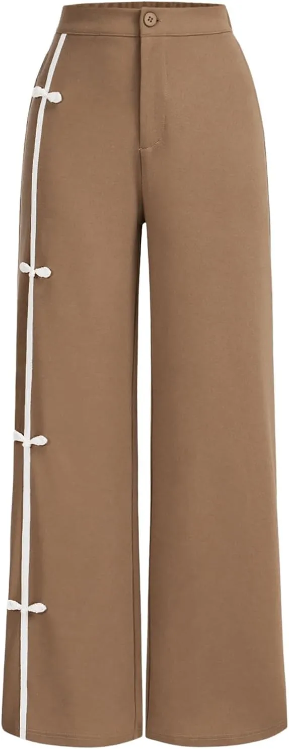 MakeMeChic Women's Casual Elastic Waist Wide Leg Button Straight Loose Pants Palazzo Trousers