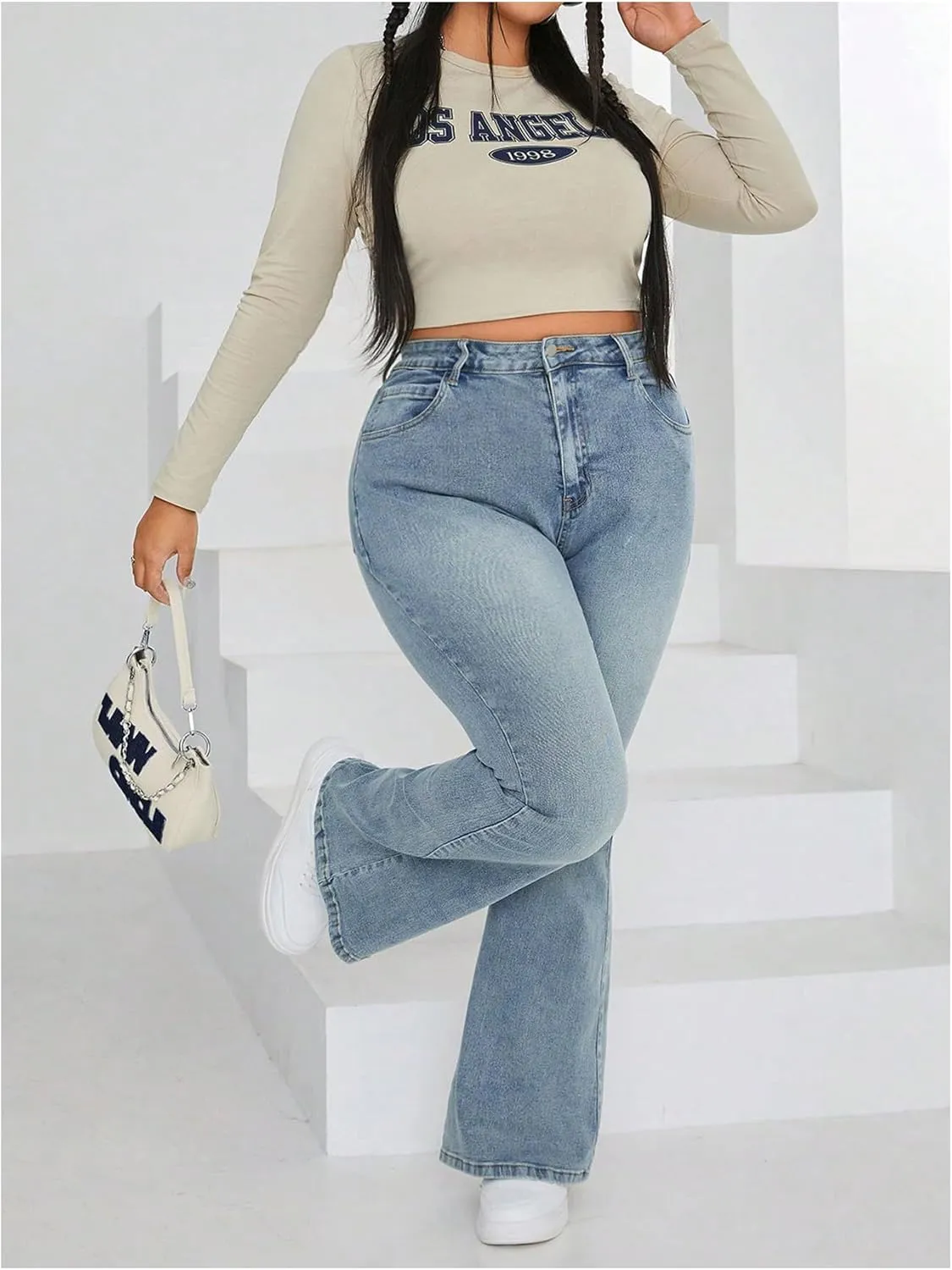 MakeMeChic Women's Plus Size Flare Jeans Bell Bottom Flare Long Denim Pants Y2K Trousers with Pocket