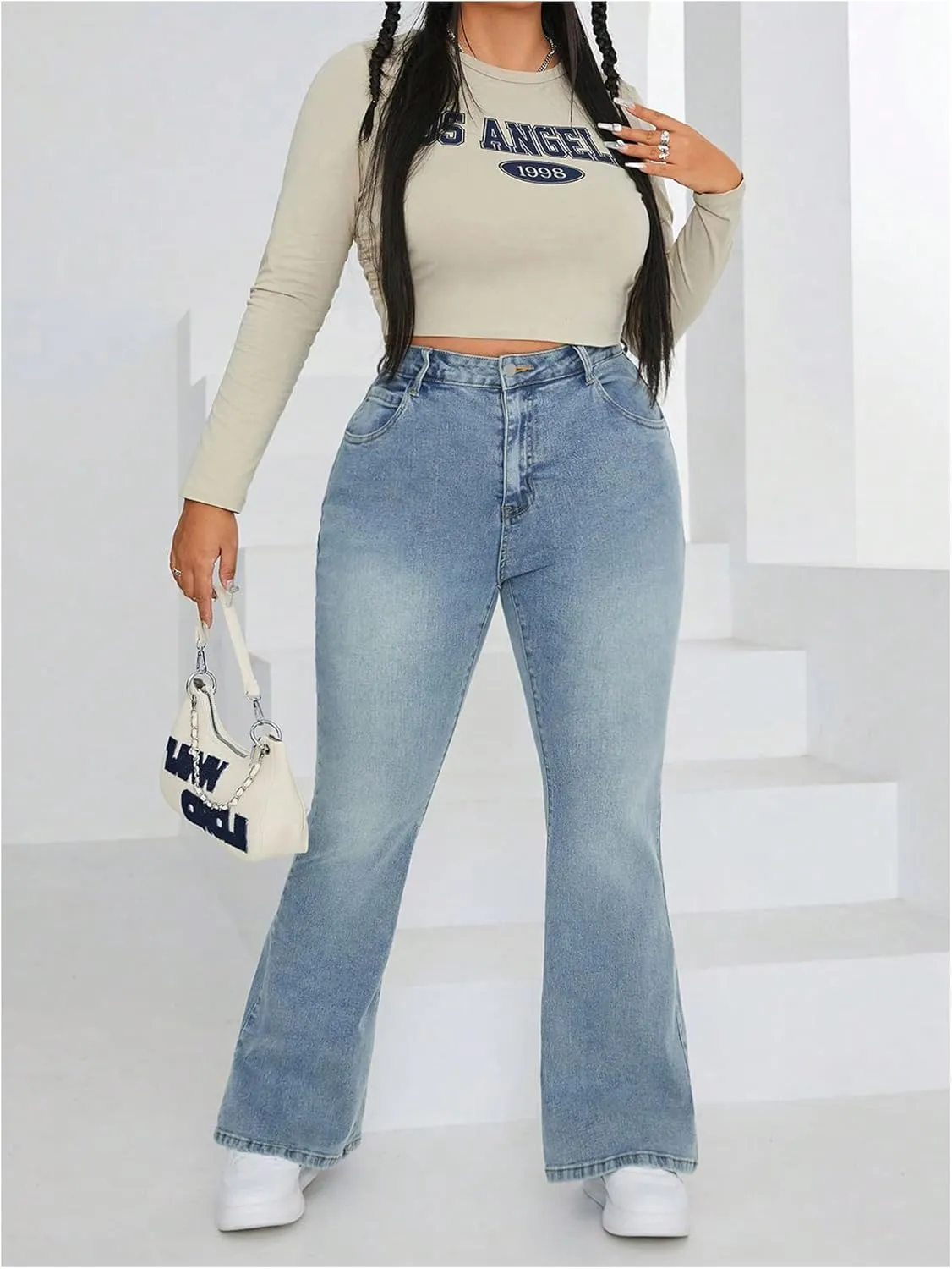 MakeMeChic Women's Plus Size Flare Jeans Bell Bottom Flare Long Denim Pants Y2K Trousers with Pocket