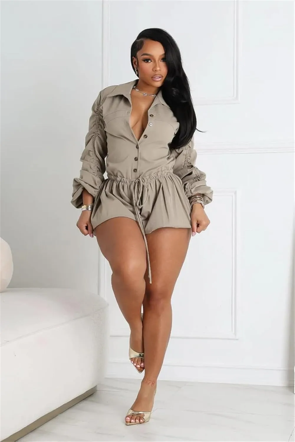 Mandonce One Piece Jumpsuits Long Sleeve Button Down Shirt High Waisted Cargo Shorts with Drawstring Cargo Casual Jumpsuits