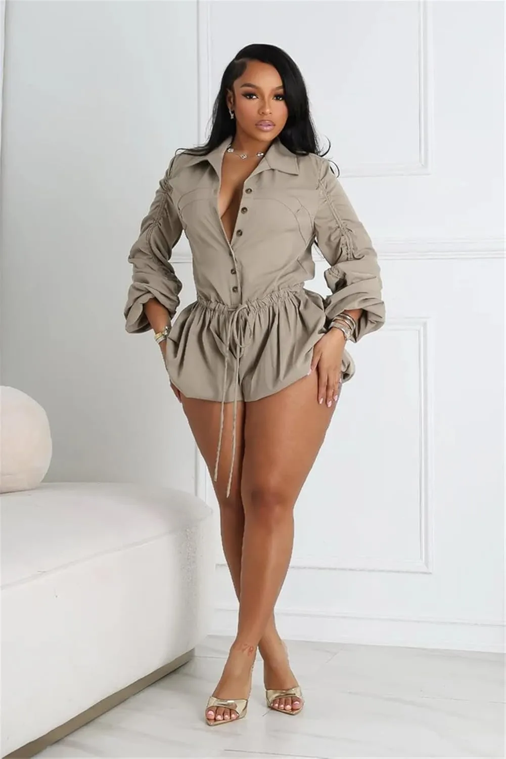 Mandonce One Piece Jumpsuits Long Sleeve Button Down Shirt High Waisted Cargo Shorts with Drawstring Cargo Casual Jumpsuits