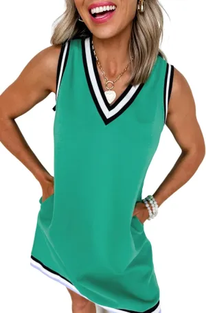 MARZXIN Womens Casual Dress Mint Green Color Contrast Trim V Neck Shift Sleeveless Mini Dress