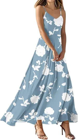 Maxi Dresses for Women 2025 V Neck Empire Waist Sleeveless Floral Cami Dress Spaghetti Strap Flowy Summer Sundress