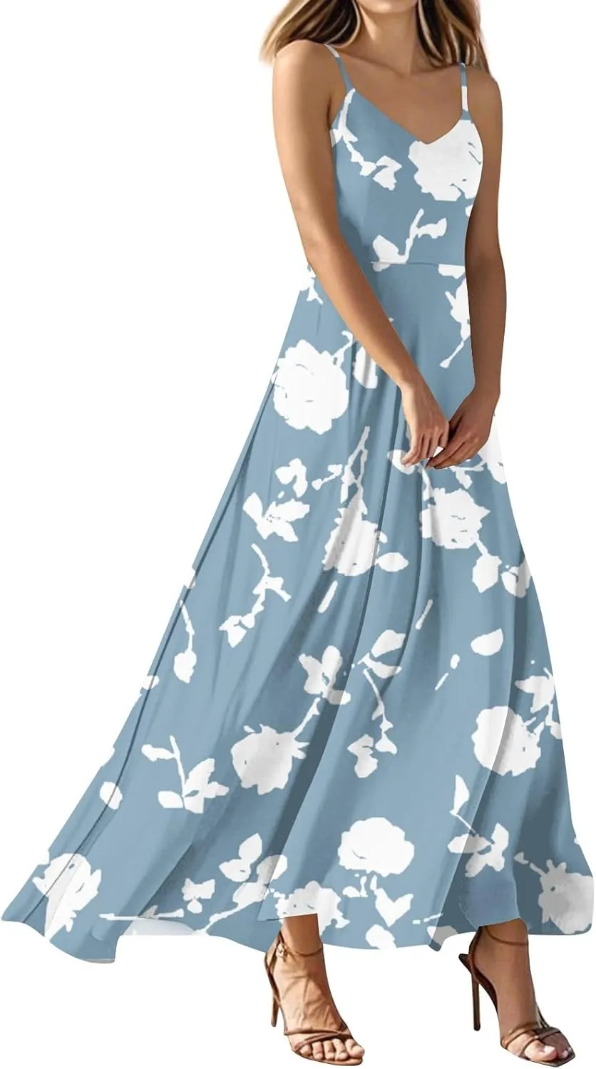 Maxi Dresses for Women 2025 V Neck Empire Waist Sleeveless Floral Cami Dress Spaghetti Strap Flowy Summer Sundress