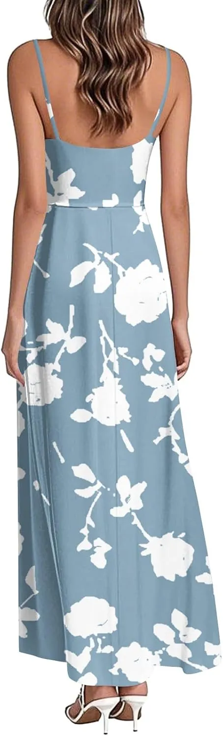 Maxi Dresses for Women 2025 V Neck Empire Waist Sleeveless Floral Cami Dress Spaghetti Strap Flowy Summer Sundress