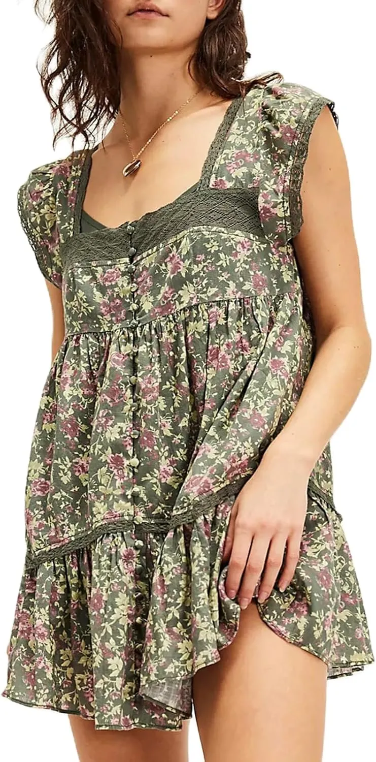 Meiweileya Women Y2k Boho Patchwork Mini Dress Floral Print Tie Back Tiered Ruffle Dress V Neck Layered Flowy Short Dress