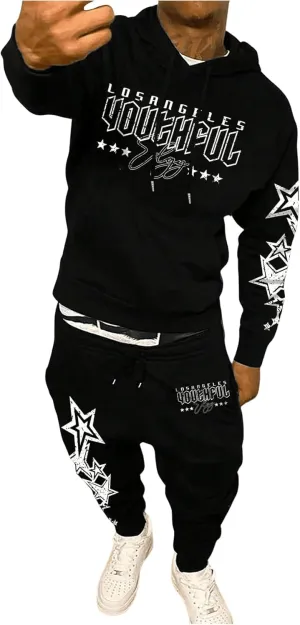 Men's 2 Piece Sweat Suits Long Sleeve Y2k Graphic Hoodie Sweatshirt and Flared Sweatpants Tracksuits Set Black Small