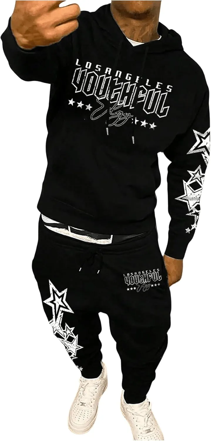 Men's 2 Piece Sweat Suits Long Sleeve Y2k Graphic Hoodie Sweatshirt and Flared Sweatpants Tracksuits Set Black Small