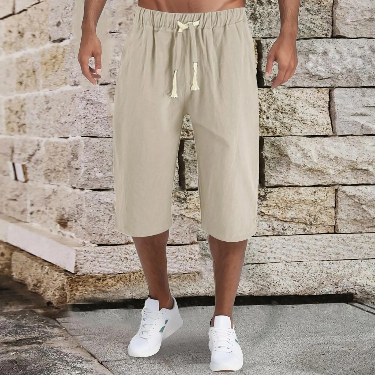 Mens Fashion Casual Simple Solid Color Lumbar Frenum Pants Calf Length Trousers Chinos Pants Men Stretch