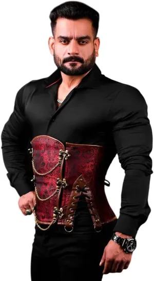 Men's Gothic Steampunk Corset Vest  Waist Trainer Body Shaper with Chains & Buckles  Vintage Brocade Waist Cincher