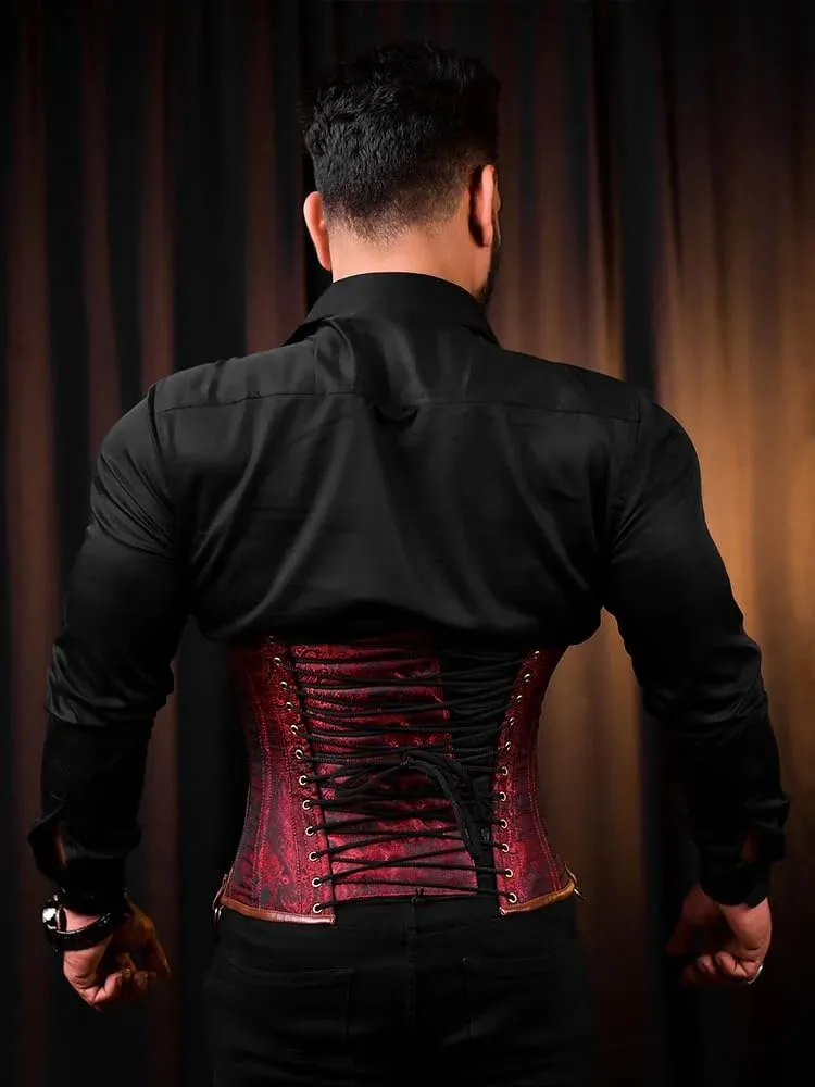 Men's Gothic Steampunk Corset Vest  Waist Trainer Body Shaper with Chains & Buckles  Vintage Brocade Waist Cincher