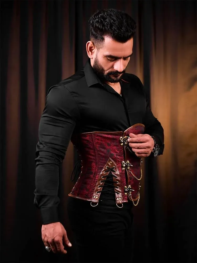 Men's Gothic Steampunk Corset Vest  Waist Trainer Body Shaper with Chains & Buckles  Vintage Brocade Waist Cincher