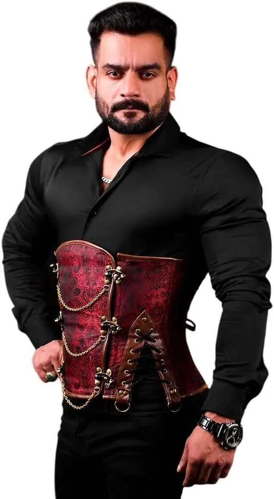 Men's Gothic Steampunk Corset Vest  Waist Trainer Body Shaper with Chains & Buckles  Vintage Brocade Waist Cincher