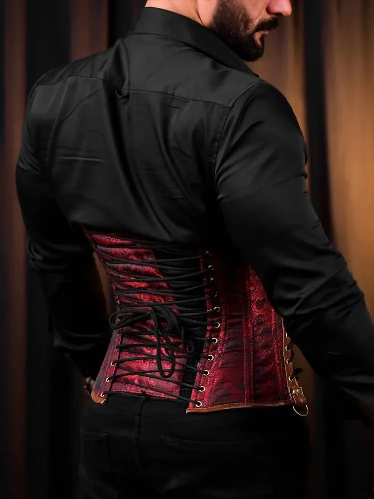 Men's Gothic Steampunk Corset Vest  Waist Trainer Body Shaper with Chains & Buckles  Vintage Brocade Waist Cincher