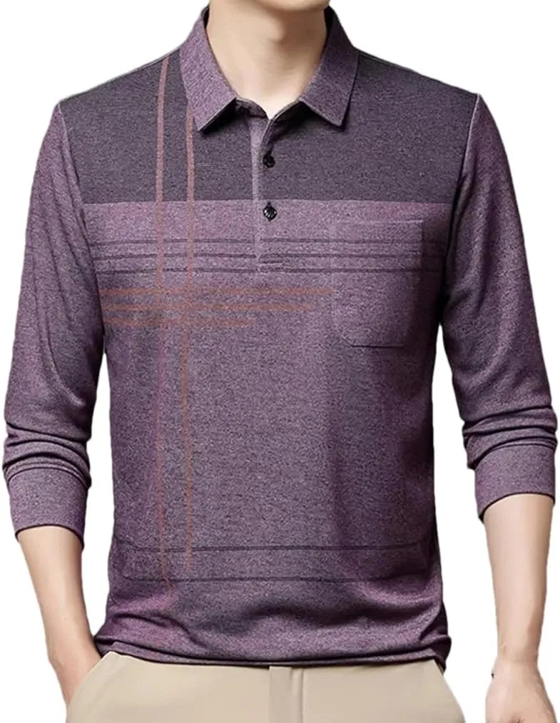 Men's Long Sleeve Pocket Striped Polo Shirt Casual T-Shirts Top Autumn