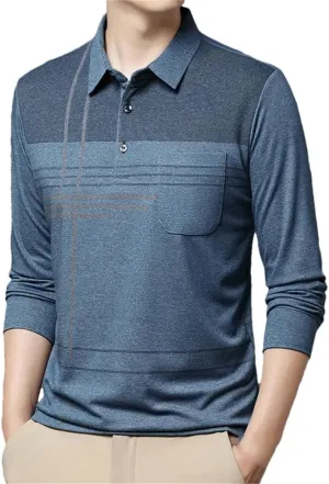 Men's Long Sleeve Pocket Striped Polo Shirt Casual T-Shirts Top Autumn