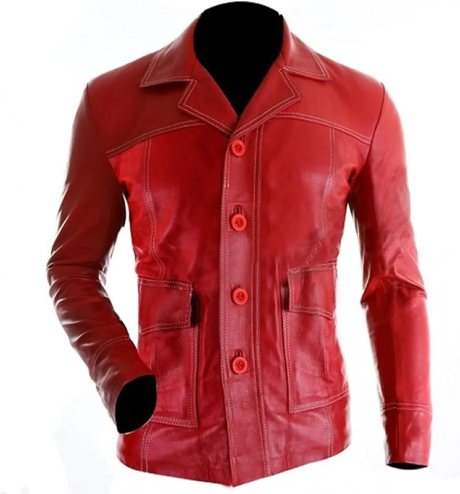 Mens MAYHEM Fight Hybrid Brad Retro Biker White Stripes Red White Inspired Fight Club Movie Tops Leather Motorcycle Jacket