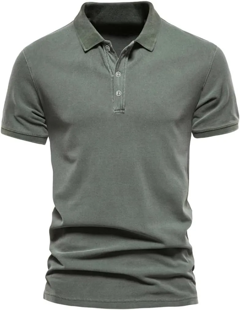 Men's Polo Shirt Cotton Solid Color Casual Short Sleeve Buttons Lapel Tee Tops T-Shirts