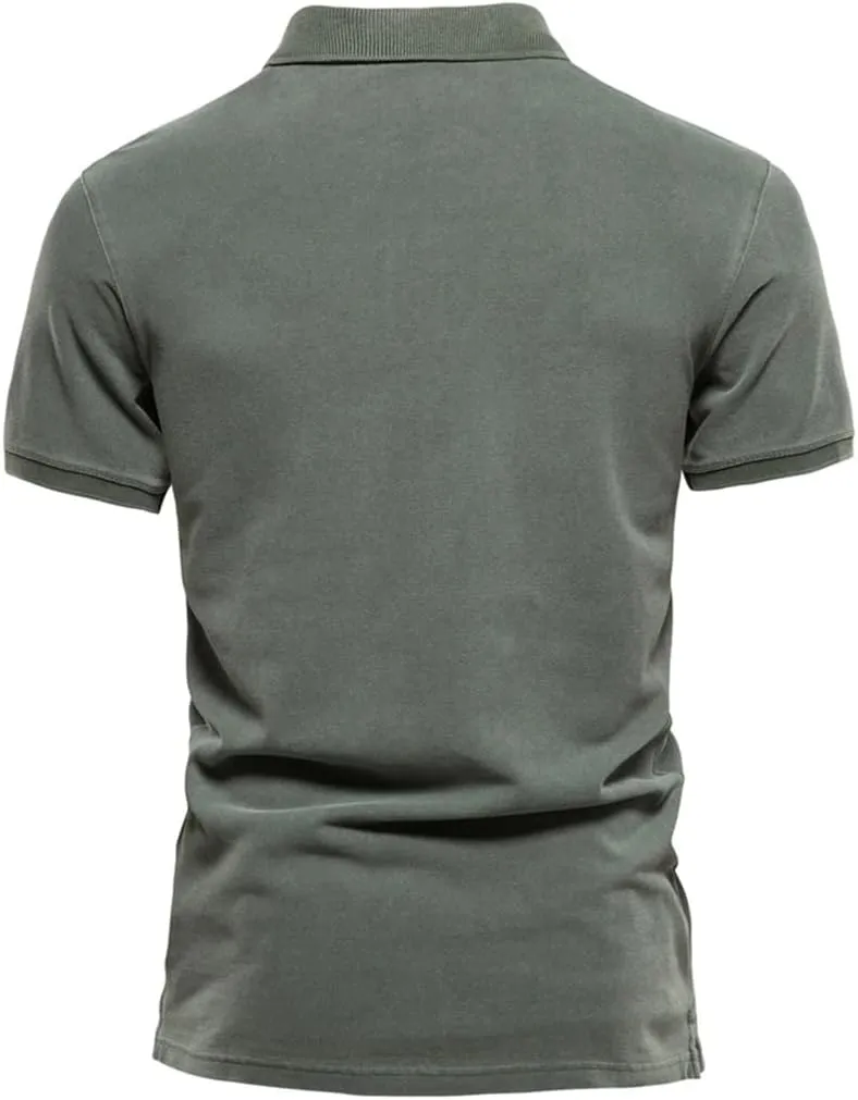 Men's Polo Shirt Cotton Solid Color Casual Short Sleeve Buttons Lapel Tee Tops T-Shirts