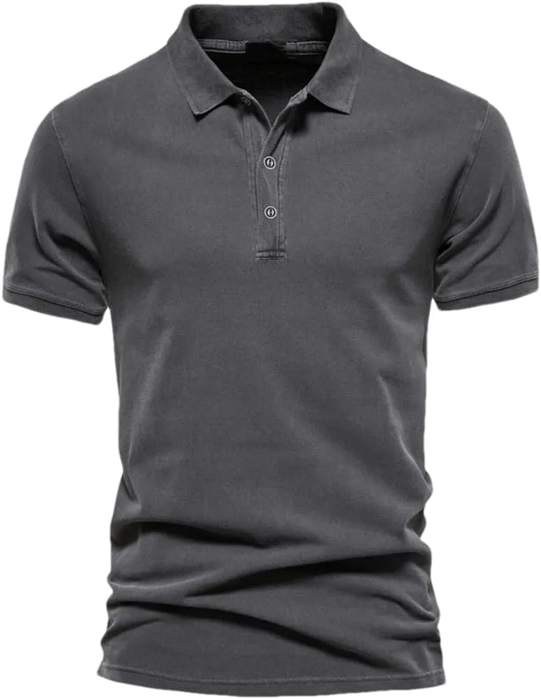 Men's Polo Shirt Cotton Solid Color Casual Short Sleeve Buttons Lapel Tee Tops T-Shirts