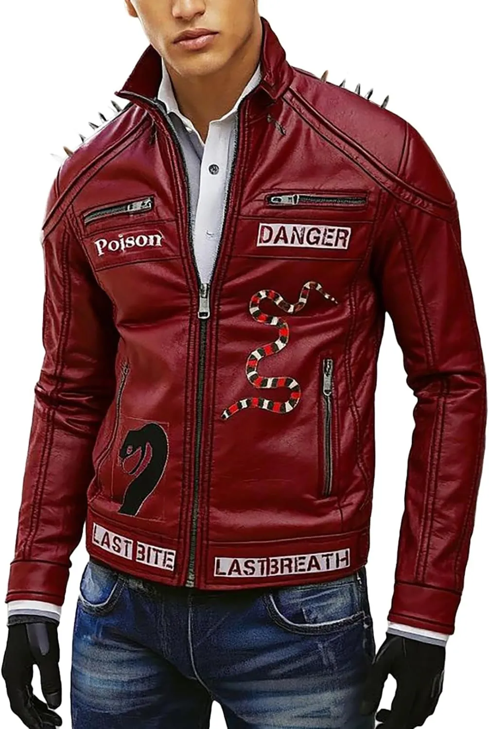 Men's Red Biker Rock Punk Spikes Studded Leather Jacket