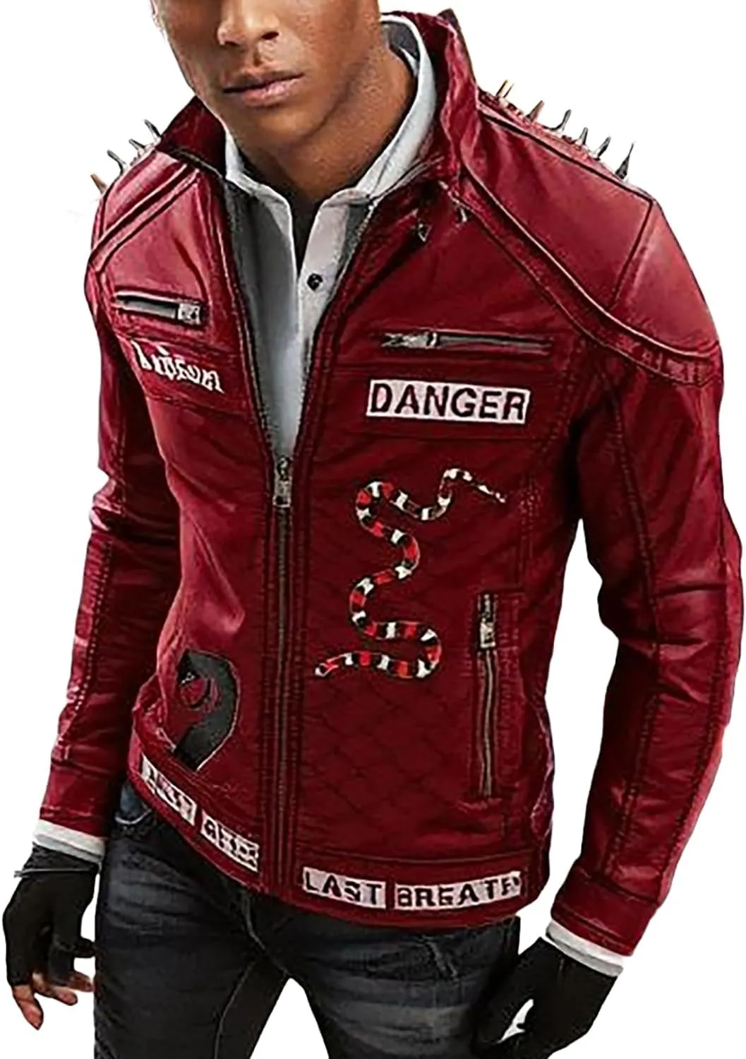 Men's Red Biker Rock Punk Spikes Studded Leather Jacket