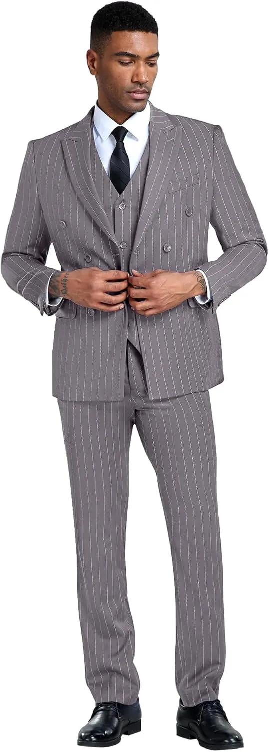 Mens Suits 3 Piece Plaid Slim Fit Tuxedo Double Breasted Prom Dress Suits Men Jackets Blazer Vest and Pants with Tie